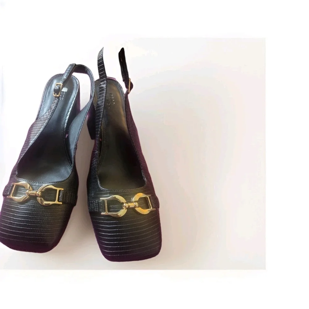 ASOS Design Black Lizard Slingback Block Heels Horsebit Square‎ Toe Size 12